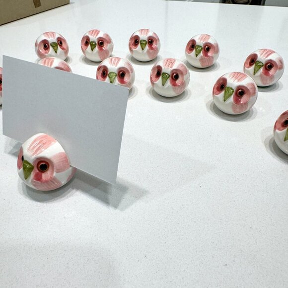 Set of 12 Ceramic Owls Hand Painted Place cards HolderS Dainty Small White Pink - Picture 3 of 8